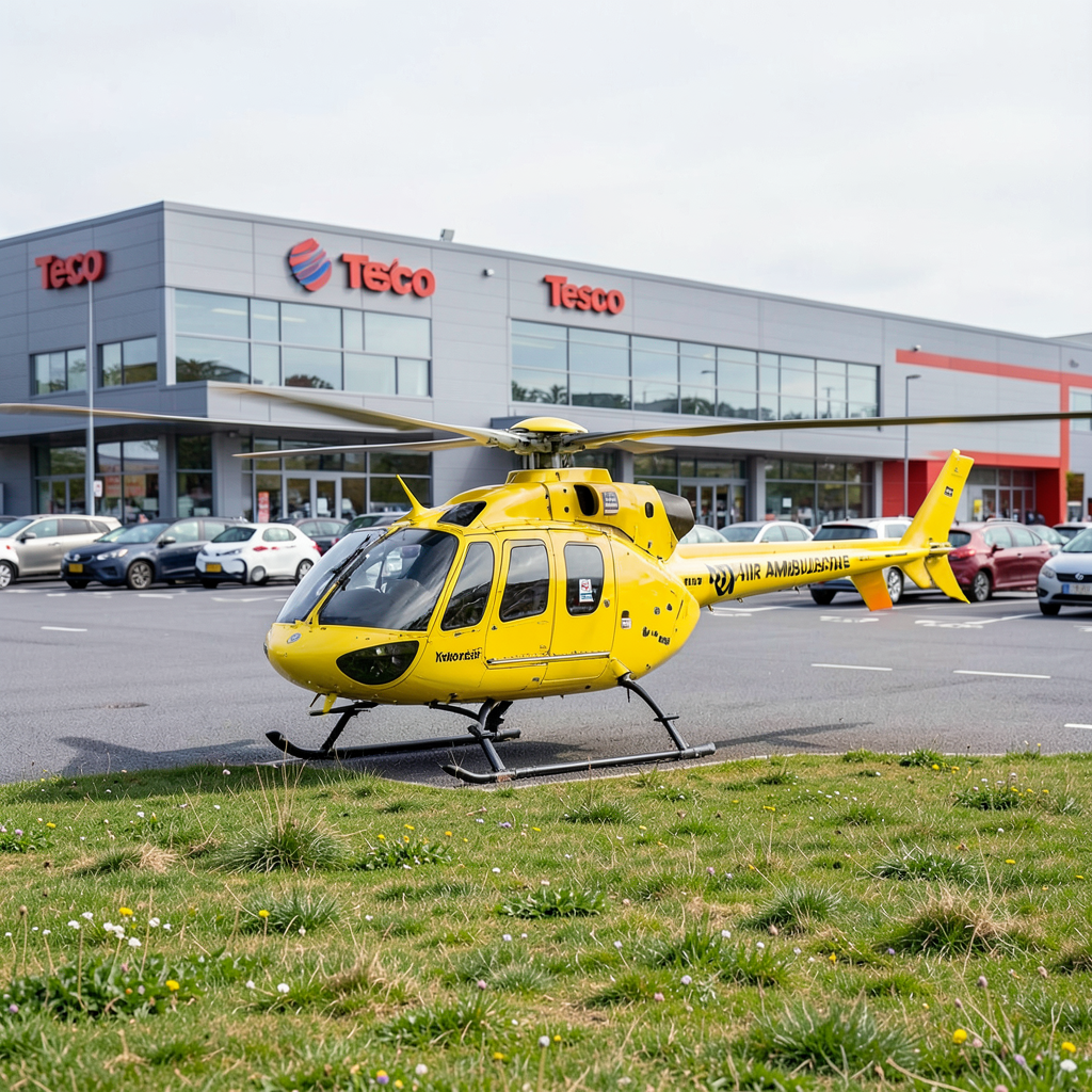 Yorkshire Air Ambulance lands near Bradford Tesco before departing area